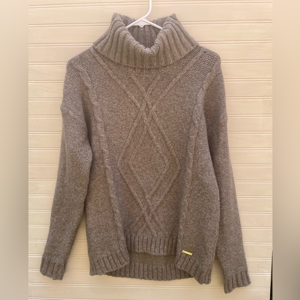 MICHAEL Michael Kors Chunky Cable Knit Over Size Turtleneck Sweater Brown Medium